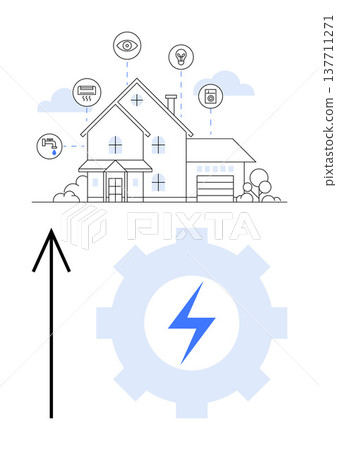 Smart technology, home automation, energy efficiency, sustainability, energy usage, technology-driven homes. Modern house diagram with gear, lightning bolt and connected devices. Smart technology 137711271