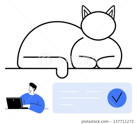 Productivity, task management, digital tools, pets at home, remote work, workflow optimization. A large abstract cat and a person working on a laptop. Productivity and task management concept Productivity, task management, digital tools, pets at home, remote work, workflow optimization. A large abstract cat and a person working on a laptop. Productivity and task management concept 137711272