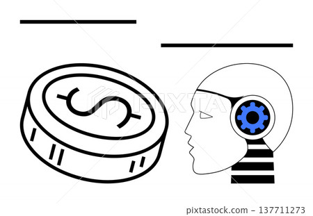 Artificial intelligence, cryptocurrency, fintech, digital economy, automation, innovation. Illustrated head with a gear and a coin with a dollar sign. Artificial intelligence and cryptocurrency 137711273