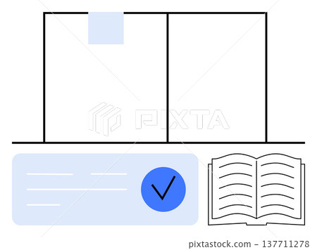 Online education, data verification, document organization, e-learning, information storage, digital documentation. Open book and verified document icon. Online education and data verification Online education, data verification, document organization, e-learning, information storage, digital documentation. Open book and verified document icon. Online education and data verification 137711278