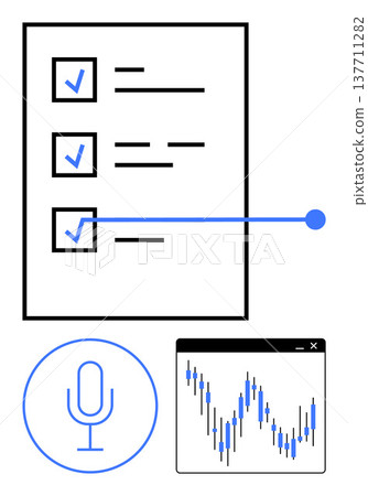 Task management, data organization, voice commands, financial analytics, digital workflow, productivity tools. Checklist with boxes, microphone icon market trend graph. Task management and data 137711282