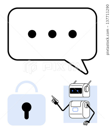 Online security, data privacy, communication protection, chat encryption, digital safety, robot assistants. Speech bubble, lock and robot with a friendly design. Data privacy and online security Online security, data privacy, communication protection, chat encryption, digital safety, robot assistants. Speech bubble, lock and robot with a friendly design. Data privacy and online security 137711290