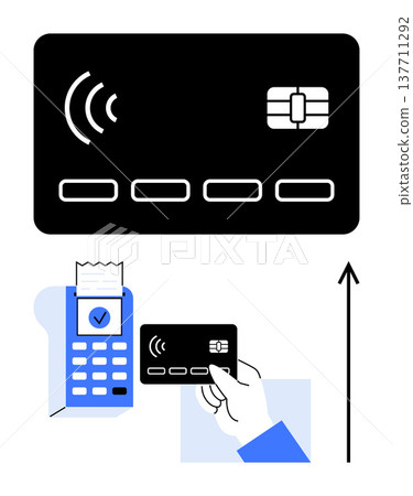 Digital wallets, financial technology, cashless payments, retail transactions, secure purchases, payment processing. A hand holding a credit card near a payment terminal. Digital wallets 137711292