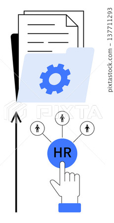 Human resources, recruitment, workforce, management systems, career services, employment processes. A folder with documents and a gear icon below, a hand selecting HR icon. Recruitment and workforce 137711293