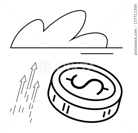 Economic growth, financial success, business investments, wealth management, profit growth, economic trends. A dollar coin with upward arrows and a cloud. Economic growth and financial success theme Economic growth, financial success, business investments, wealth management, profit growth, economic trends. A dollar coin with upward arrows and a cloud. Economic growth and financial success theme 137711309