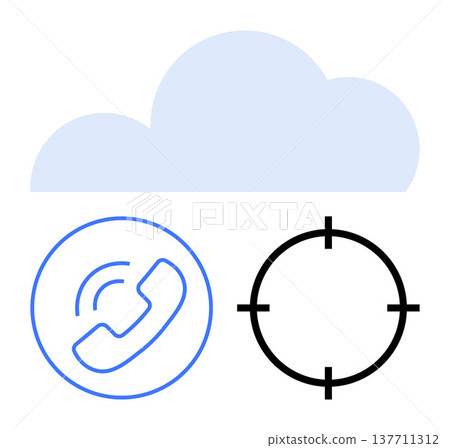 Cloud storage, communication services, digital navigation, connectivity, data accuracy, and targeting operations. A cloud icon above phone call and target symbols. Cloud storage and communication Cloud storage, communication services, digital navigation, connectivity, data accuracy, and targeting operations. A cloud icon above phone call and target symbols. Cloud storage and communication 137711312