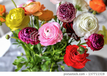 Beautiful ranunculus bouquet with colorful delicate spring flowers. 137711319
