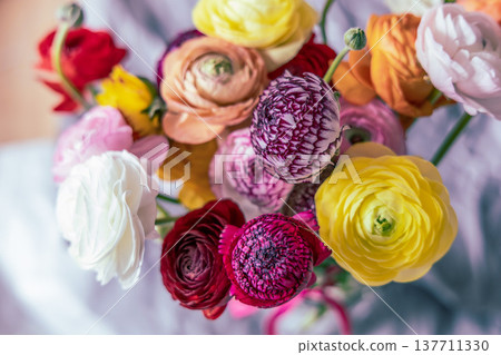 Beautiful ranunculus bouquet with colorful delicate spring flowers. Beautiful ranunculus bouquet with colorful delicate spring flowers. 137711330