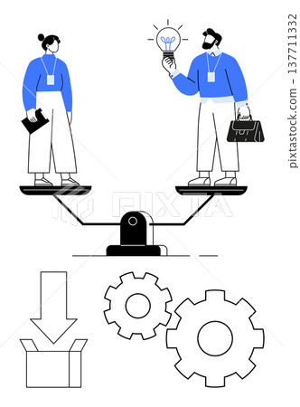Business strategy, teamwork, innovation, idea generation, balance, decision making. Two professionals on a weighing scale, gears and a box. Business strategy and teamwork concept 137711332