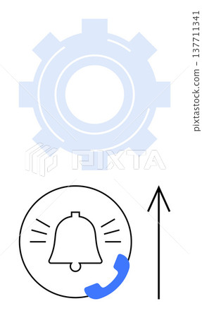 Notifications, systems, technology, progress, communication, updates. A bell with call symbol, gear mechanism upward arrow. Notifications and systems management concepts in elements 137711341