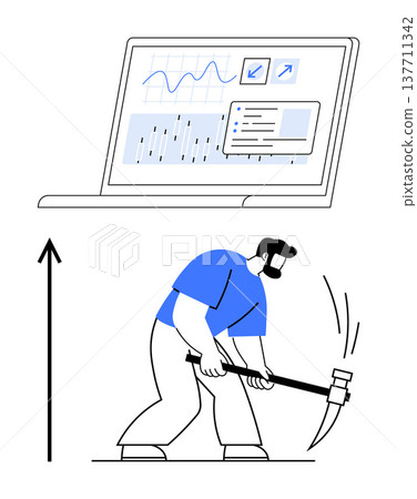 Data mining, digital economy, business analysis, financial growth, market strategy, and productivity. Person using tools near data charts. Data mining and digital economy visualization 137711342