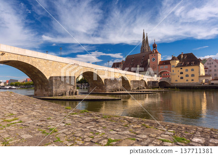 Stone Bridge over Danube River in Regensburg Old Town Bavaria Germany 137711381