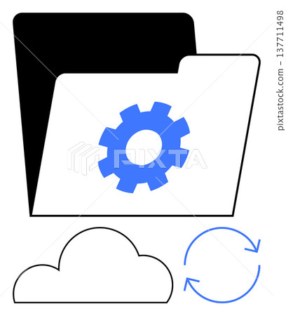 Data storage, cloud computing, synchronization, digital tools, workflow management, technology services. Open file folder, gear icon cloud and sync arrows. Cloud computing and synchronization Data storage, cloud computing, synchronization, digital tools, workflow management, technology services. Open file folder, gear icon cloud and sync arrows. Cloud computing and synchronization 137711498