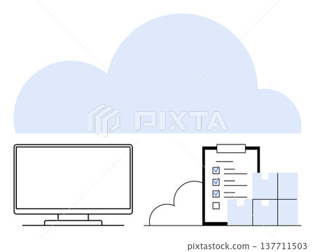 Cloud technology, data management, online storage, digital organization, inventory management, logistics. Monitor, cloud checklist and stacked boxes. Cloud technology and data management 137711503