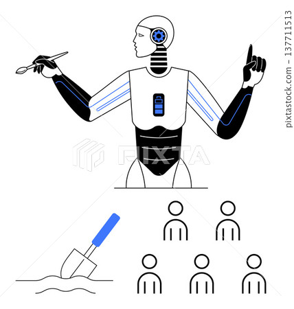 Artificial intelligence, workforce management, automation, robotics, technology, innovation. A robot holds a shovel and points onward alongside icons of people. AI and workforce management concept Artificial intelligence, workforce management, automation, robotics, technology, innovation. A robot holds a shovel and points onward alongside icons of people. AI and workforce management concept 137711513