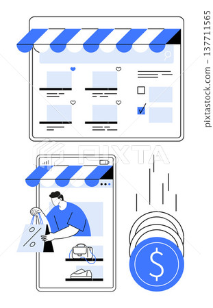 E-commerce, online shopping, small business, digital transactions, mobile commerce, marketing. Digital storefront and mobile view with person shopping. E-commerce and online shopping concept E-commerce, online shopping, small business, digital transactions, mobile commerce, marketing. Digital storefront and mobile view with person shopping. E-commerce and online shopping concept 137711565