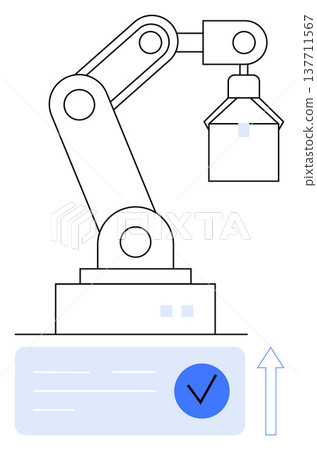 Automation, machine learning, workflow optimization, quality control, industrial robotics, manufacturing processes. A robotic arm alongside a checklist icon and an arrow. Automation and workflow Automation, machine learning, workflow optimization, quality control, industrial robotics, manufacturing processes. A robotic arm alongside a checklist icon and an arrow. Automation and workflow 137711567