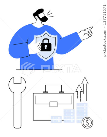 Business protection, financial growth, security tools, economic development, privacy, user safety. A person holds a shield with a lock, pointing forward. Business protection and financial growth 137711571