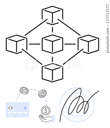 Blockchain, digital payments, smart contracts, financial security, authentication, decentralized systems. A blockchain network, digital payment flow and a signature symbol. Blockchain and digital 137711577