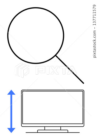 Research, precision, analysis, size comparison, data evaluation, technology. Magnifying glass focusing on a monitor with a vertical measurement arrow. Research and precision 137711579