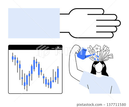 Creativity, personal growth, financial analysis, mental health, investment, inspiration. Hand, financial chart person watering flowers growing from head. Personal growth and financial analysis 137711580