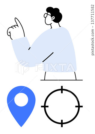 Navigation, targeting, GPS, location tracking, user interface, digital technology. Man pointing upward, blue map pin black crosshair. Navigation and targeting concepts in minimalist design Navigation, targeting, GPS, location tracking, user interface, digital technology. Man pointing upward, blue map pin black crosshair. Navigation and targeting concepts in minimalist design 137711582