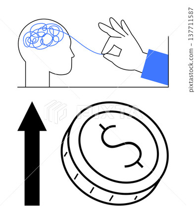 Problem solving, mental health, financial growth, decision-making, conceptual thinking, economic progress. A hand unravels a tangled brain, arrow with a coin signifying upward financial trends Problem solving, mental health, financial growth, decision-making, conceptual thinking, economic progress. A hand unravels a tangled brain, arrow with a coin signifying upward financial trends 137711587