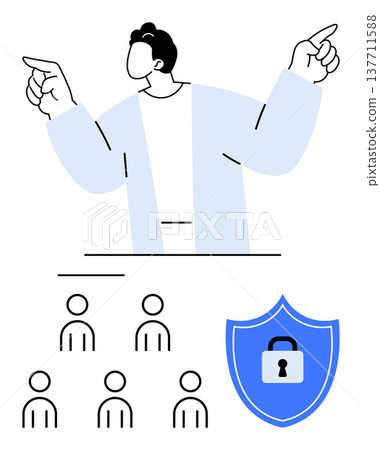 Leadership, data protection, cybersecurity, team management, organizational security, public speaking. A person pointing upward with team icons and a shield with a lock symbol. Leadership and data Leadership, data protection, cybersecurity, team management, organizational security, public speaking. A person pointing upward with team icons and a shield with a lock symbol. Leadership and data 137711588