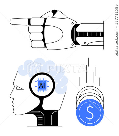 Artificial intelligence, robotics, fintech, automation, digital transformation, innovation. Robotic arm pointing, brain with AI chip coins fintech. Artificial intelligence and robotics concept 137711589