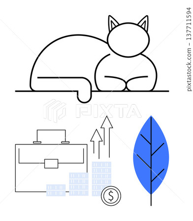 Business growth, sustainability, minimalism, nature, financial planning, and eco-consciousness. A cat outline, financial icons and a blue leaf. Business growth and sustainability concepts 137711594