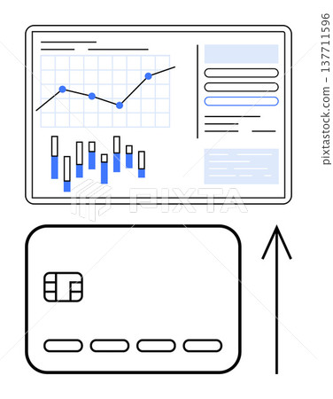 Finance, growth, online payments, data analytics, e-commerce, investment tracking. Dashboard displaying chart and bar graph with a credit card and upward arrow. Finance and growth concepts Finance, growth, online payments, data analytics, e-commerce, investment tracking. Dashboard displaying chart and bar graph with a credit card and upward arrow. Finance and growth concepts 137711596