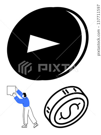 Media content, online business, financial growth, productivity, entertainment, workplace goals. Large play button, dollar coin person with a box. Media content and online business concepts Media content, online business, financial growth, productivity, entertainment, workplace goals. Large play button, dollar coin person with a box. Media content and online business concepts 137711597
