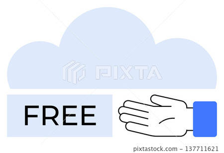 Cloud computing, free services, online access, digital sharing, data hosting, technology solutions. A cloud shape with the word free and an open hand below. Cloud computing and free services concept 137711621