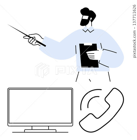 Education, business communication, technology training, presentation, remote teaching, customer service. Man with a clipboard pointing. Education and business communication concept 137711626