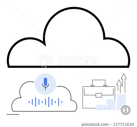 Cloud computing, voice technology, data security, business growth, audio processing, data management. A cloud icon with a microphone, growth chart and briefcase. Cloud computing and voice technology 137711630