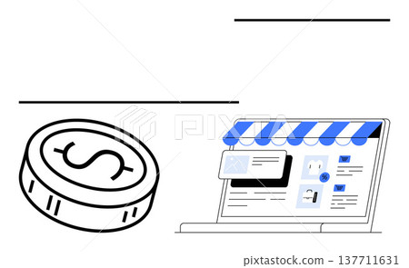 E-commerce, online shopping, small business, digital marketing, finance, fintech. Coin and laptop displaying a storefront. E-commerce and online shopping in a modern tech context 137711631