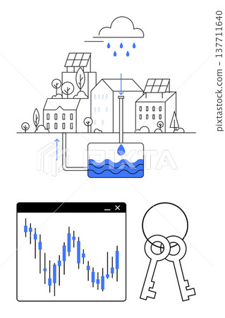 Renewable energy, urban planning, resource management, data analysis, financial growth, security. Houses collecting rainwater, chart interface and keys. Renewable energy and urban planning 137711640