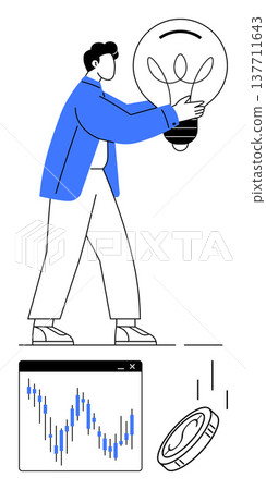 Innovation, finance, investment, business strategy, economic progress, sustainability. A man holds a lightbulb, a chart shows financial data and coin drops. Innovation and finance together 137711643