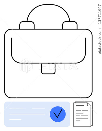 Business services, document review, professional verification, approval process, workflow management, legal documentation. Minimalist briefcase, document and checkmark design. Business services Business services, document review, professional verification, approval process, workflow management, legal documentation. Minimalist briefcase, document and checkmark design. Business services 137711647