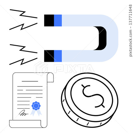 Wealth creation, business strategy, financial success, legal agreements, value attraction, economic concepts. Magnet with force lines, coin and certificate. Wealth creation and business strategy 137711648