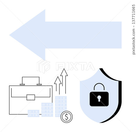 Business growth, financial planning, cybersecurity, investment strategies, protection, direction. Briefcase, money icons upward arrows a lock on a shield large arrow. Business growth and financial Business growth, financial planning, cybersecurity, investment strategies, protection, direction. Briefcase, money icons upward arrows a lock on a shield large arrow. Business growth and financial 137711665