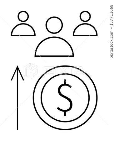 Financial growth, teamwork, business management, revenue increase, workplace productivity, economic strategies. Dollar sign and upward arrow with people icons. Financial growth and teamwork concept Financial growth, teamwork, business management, revenue increase, workplace productivity, economic strategies. Dollar sign and upward arrow with people icons. Financial growth and teamwork concept 137711669