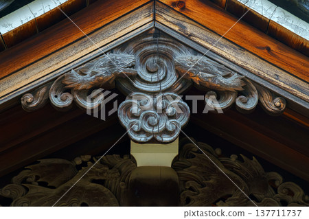 Osaka, Japan - Sep 21 2024, Close up view of the carved architectural wooden part with floral ornament of roof corner, of the Buddhist temple Sitenno-ji, Osaka, Japan Osaka, Japan - Sep 21 2024, Close up view of the carved architectural wooden part with floral ornament of roof corner, of the Buddhist temple Sitenno-ji, Osaka, Japan 137711737