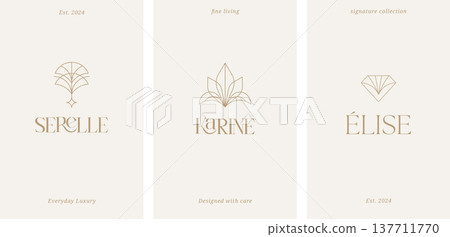 Luxury elegant line art logo design set. Minimalist gold linear icons collection. Abstract flower 137711770