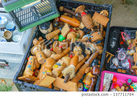 Osaka, Japan - Sep 21 2024, Close-up view of a counter with various antique toys and household items related to Japanese culture at flea market on territory of the Shitenno-ji Temple Osaka, Japan Osaka, Japan - Sep 21 2024, Close-up view of a counter with various antique toys and household items related to Japanese culture at flea market on territory of the Shitenno-ji Temple Osaka, Japan 137711784