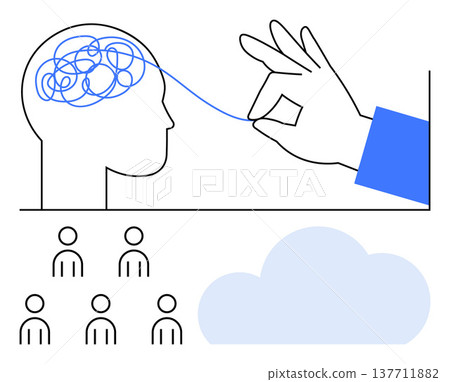 Problem-solving, mental health, communication, teamwork, psychology, cloud computing. Hand untangling a brain with a thread, people icons and a cloud. Mental health and communication 137711882