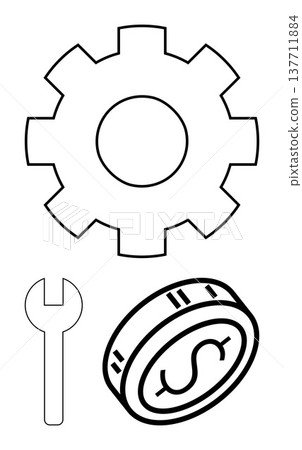 Business mechanics, money management, economic tools, financial services, repair, problem-solving. Lineart of a gear, wrench and dollar coin. Business mechanics and money management Business mechanics, money management, economic tools, financial services, repair, problem-solving. Lineart of a gear, wrench and dollar coin. Business mechanics and money management 137711884