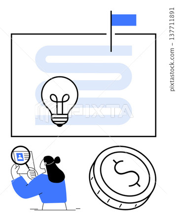 Business strategy, personal identity, idea generation, finance management, entrepreneurship, success roadmap. A lightbulb with a path, woman checking profile and a dollar coin. Business strategy 137711891