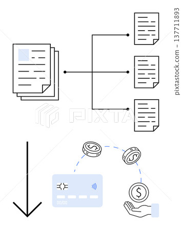Financial services, digital payments, document management, transaction control, workflow optimization, business processes. Visual of documents, payment card money and arrows. Digital payments Financial services, digital payments, document management, transaction control, workflow optimization, business processes. Visual of documents, payment card money and arrows. Digital payments 137711893