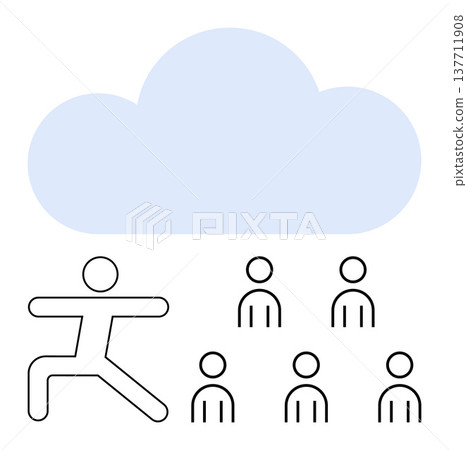 Innovation, individuality, teamwork, cloud technology, digital connection, personal growth. Simple figure of a person stepping ahead under a cloud with a crowd behind. Individuality and innovation 137711908
